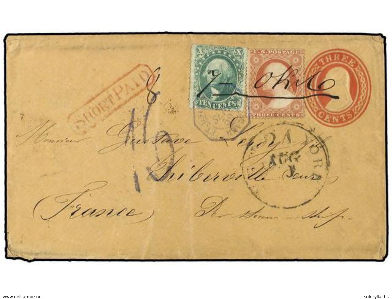 5525 ESTADOS UNIDOS. 1859 (Aug). <B>3c.</B> Red On Orange Postal Stationery Envelope Used To FRANCE, Up-rated With 1851- - Other & Unclassified