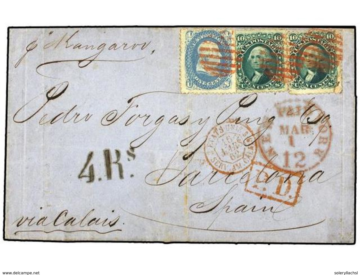 5530 ESTADOS UNIDOS. 1862. NEW YORK To SPAIN. <B>1 Ct.</B> Blue And <B>10 Cent. </B>green (two Stamps, One With Corner F - Other & Unclassified