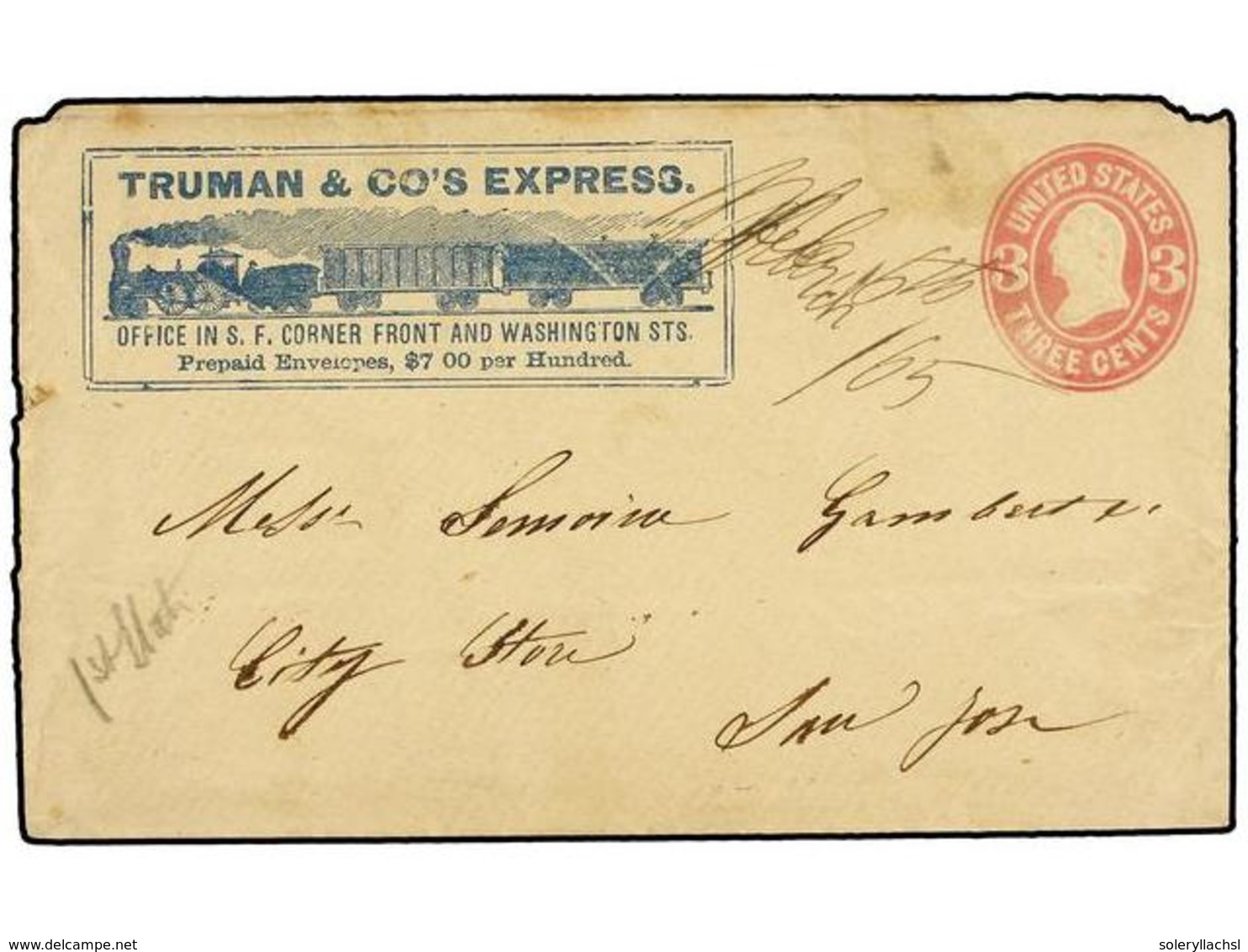 5534 ESTADOS UNIDOS. 1865. Envelope To SAN JOSE (California).<B> 3 Cts.</B> Pink<B> TRUMAN & CO'S EXPRESS</B> <B>(Prepai - Other & Unclassified