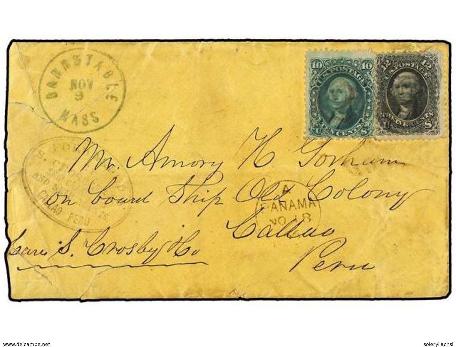 5536 ESTADOS UNIDOS. Sc.68, 69. 1866. BARNSTABLE To CALLAO. <B>10 Cent.</B> Green And <B>12 Cent.</B> Black Via Panama W - Other & Unclassified