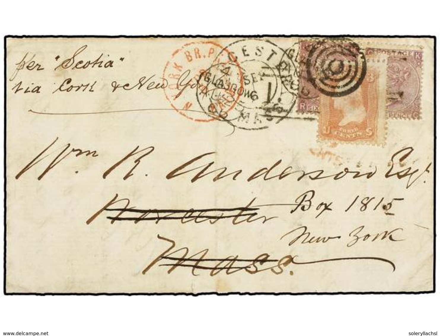 5537 ESTADOS UNIDOS. 1866 (Aug 25). Cover From Glasgow To Worcester, Mass, USA Endorsed At Top 'per Scotia Via Cork And  - Sonstige & Ohne Zuordnung