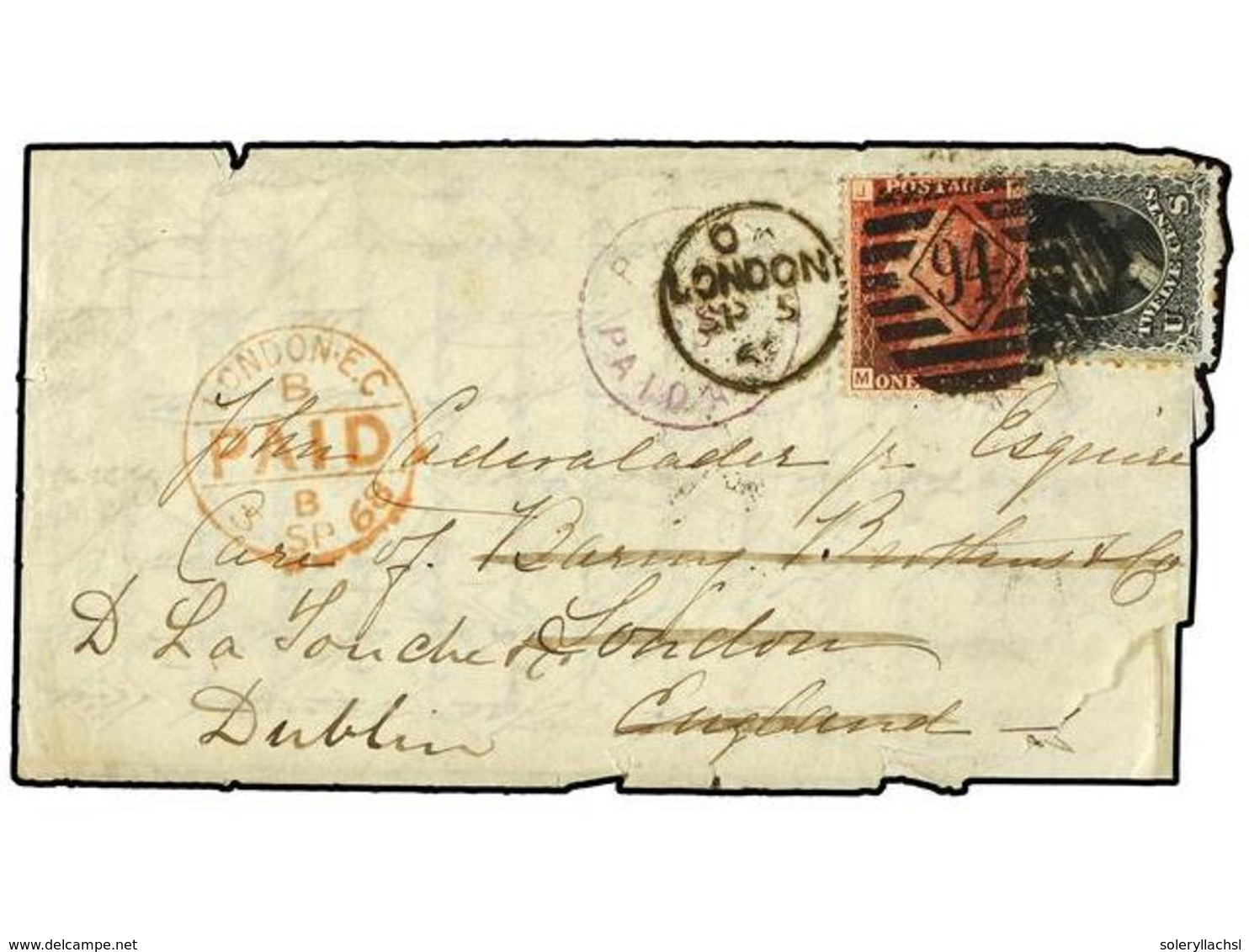 5541 ESTADOS UNIDOS. 1868. PHILADELPHIA To LONDON. <B>12 Cents</B> Black Redirected To DUBLIN (Ireland) With Great Brita - Sonstige & Ohne Zuordnung
