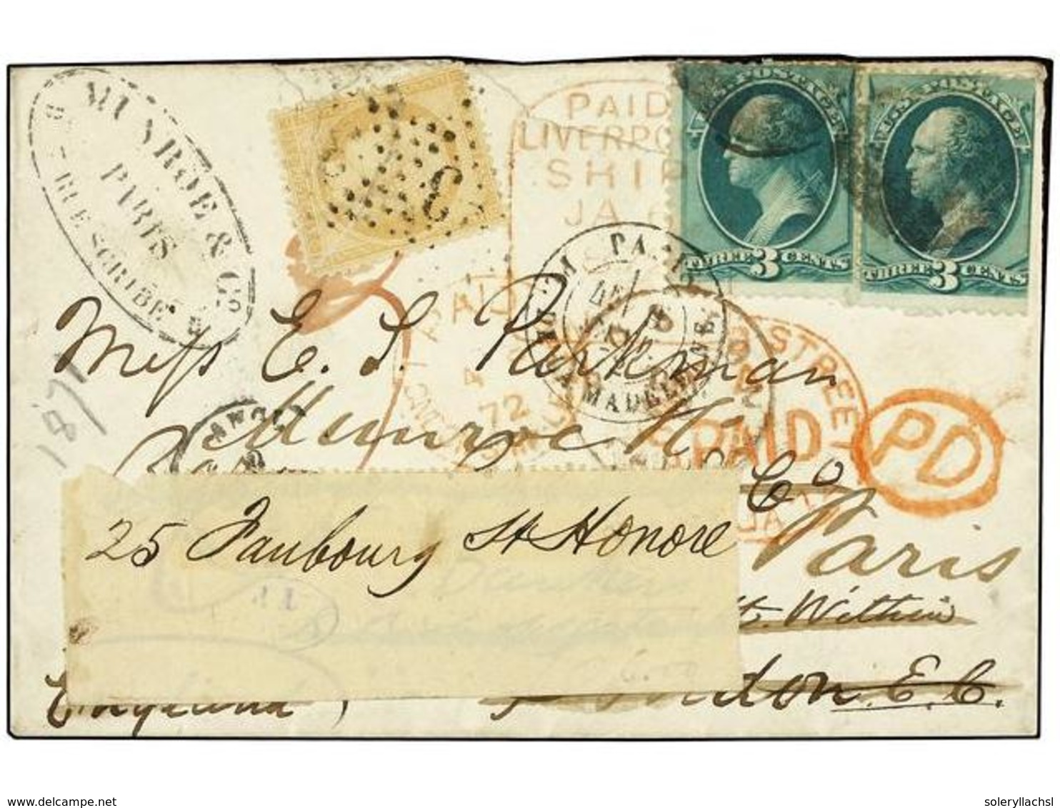 5549 ESTADOS UNIDOS. 1872. U.S.A. To LONDON. <B>3 Cents</B> Green (2) (one Stamp Margin Scissors Cut). Forwarded To PARI - Other & Unclassified
