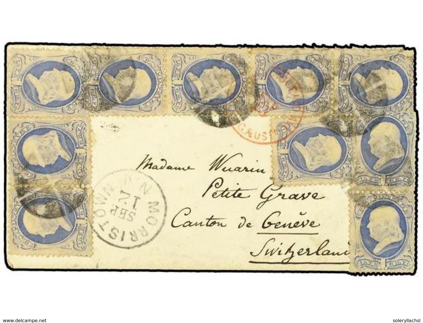 5552 ESTADOS UNIDOS. 1873. MORRISTOWN To GENEVE. <B>1 Cent</B> (10) Blue Greyish. Spectacular Franking. - Sonstige & Ohne Zuordnung