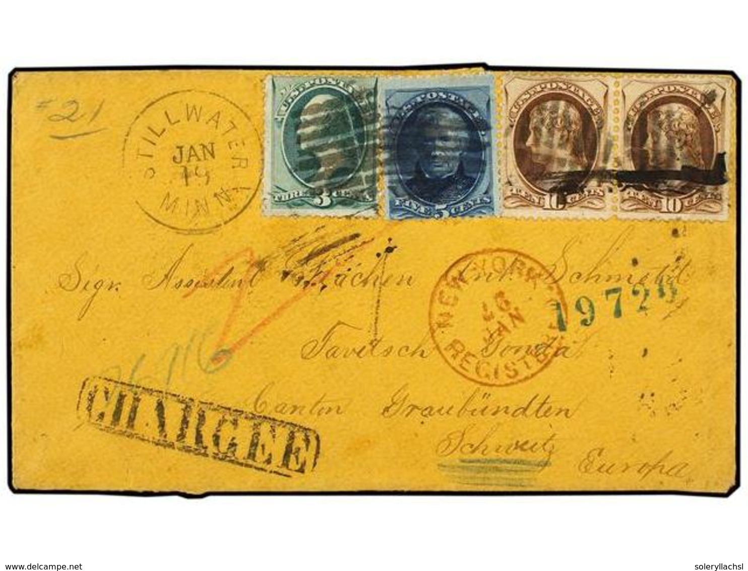 5553 ESTADOS UNIDOS. Sc.158+161+179. 1875. Cover Sent Registered From STILLWATER-MINN. To GRAUBRUNDEN (Switzerland); Wit - Other & Unclassified