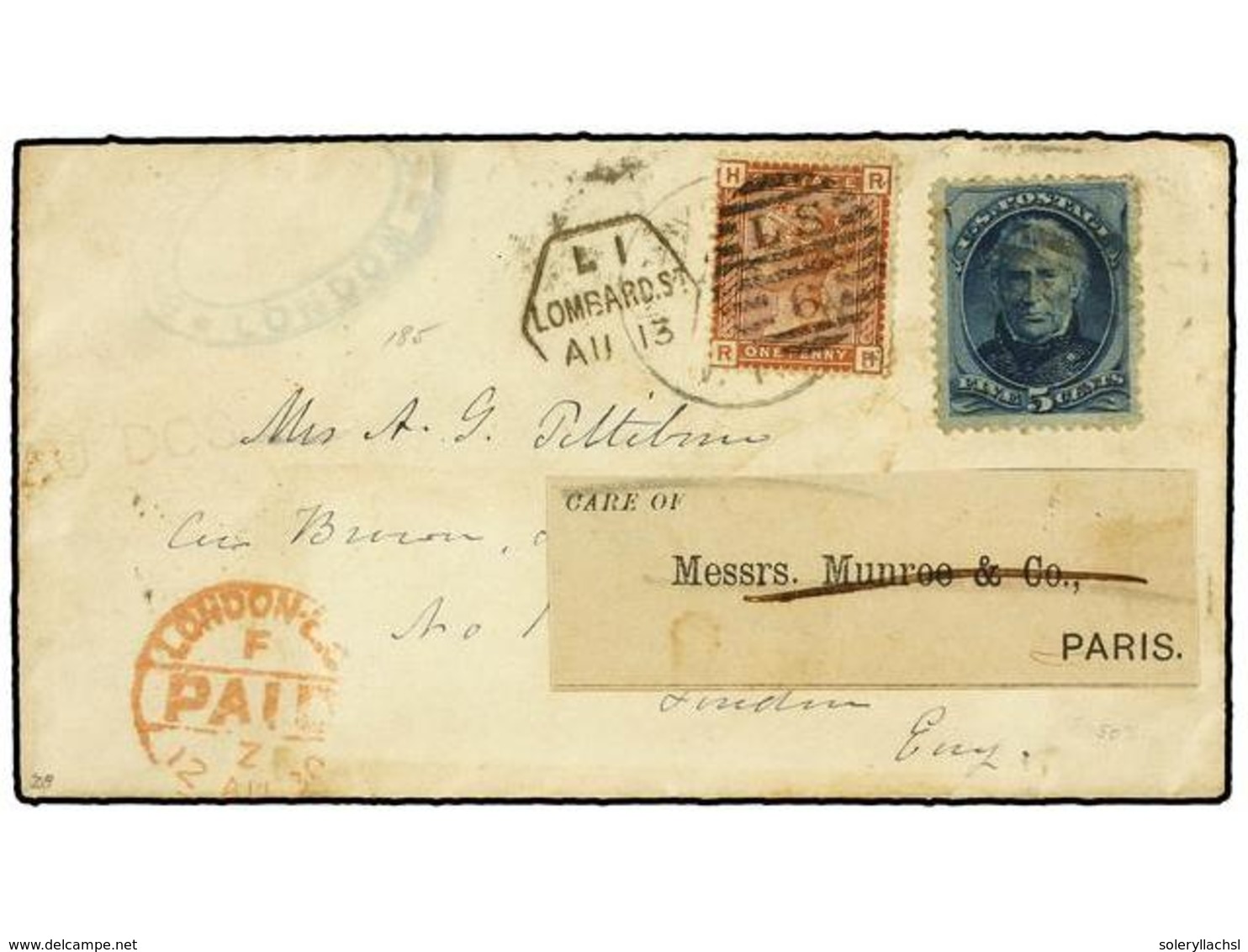 5559 ESTADOS UNIDOS. 1880. U.S.A. To LONDON. <B>5 Cents </B>blue Redirected To PARIS With British <B>1 D.</B> Brown Stam - Sonstige & Ohne Zuordnung