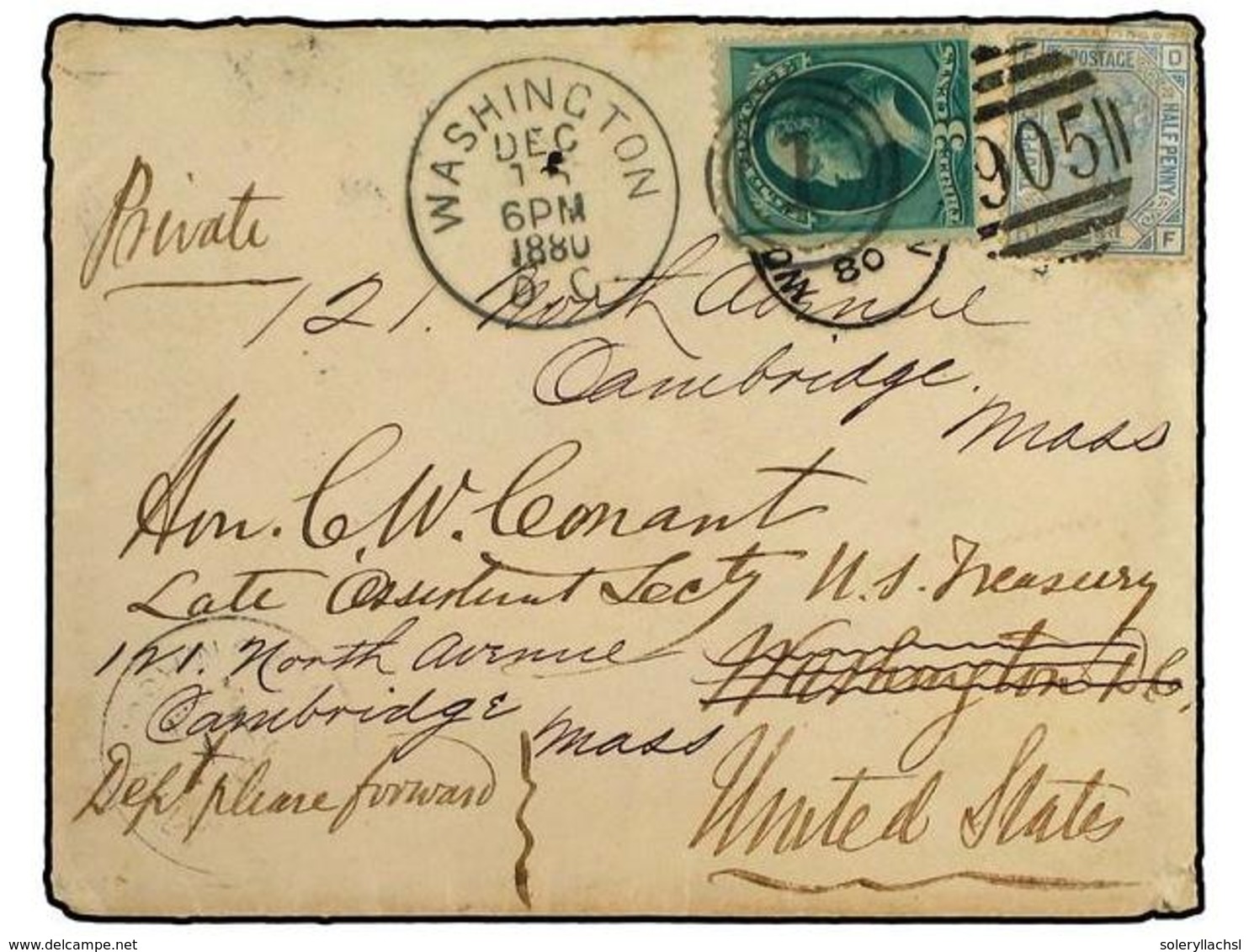 5560 ESTADOS UNIDOS. 1880(Dec 15). Cover To USA Franked By GB <B>2½d</B> Pale Blue Plate 20 Tied By <B>Wolverhampton-905 - Other & Unclassified