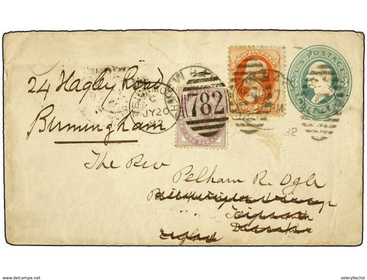 5561 ESTADOS UNIDOS. 1882. NEW HALIFAX To ENGLAND. <B>3 Cents</B> Green Envelope Uprated With <B>2 Cents</B> Orange Redi - Other & Unclassified