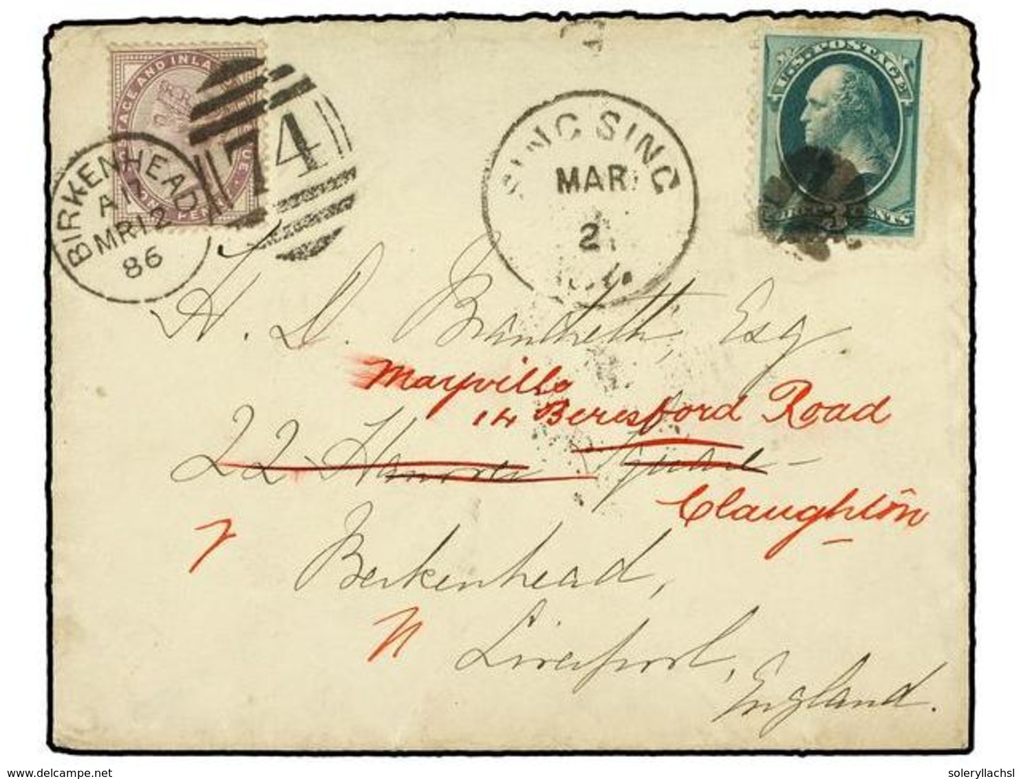 5567 ESTADOS UNIDOS. 1886. SING SING To BIRKENHEAD. <B>3 Cents</B> Green Redirected To LIVERPOOL With <B>1p.</B> Lilac S - Sonstige & Ohne Zuordnung