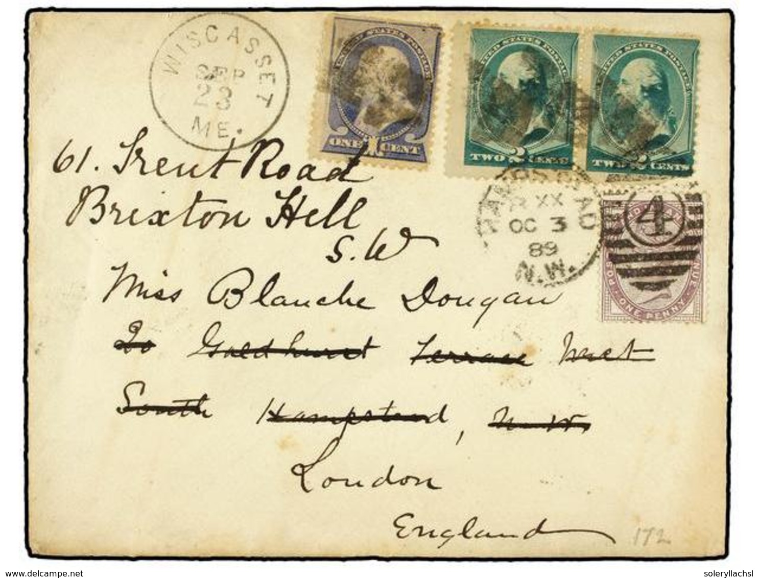 5569 ESTADOS UNIDOS. 1889. WISCASSET To LONDON. <B>1 Cent </B>blue And <B>2 Cents</B> Green (2) Redirected With British  - Sonstige & Ohne Zuordnung