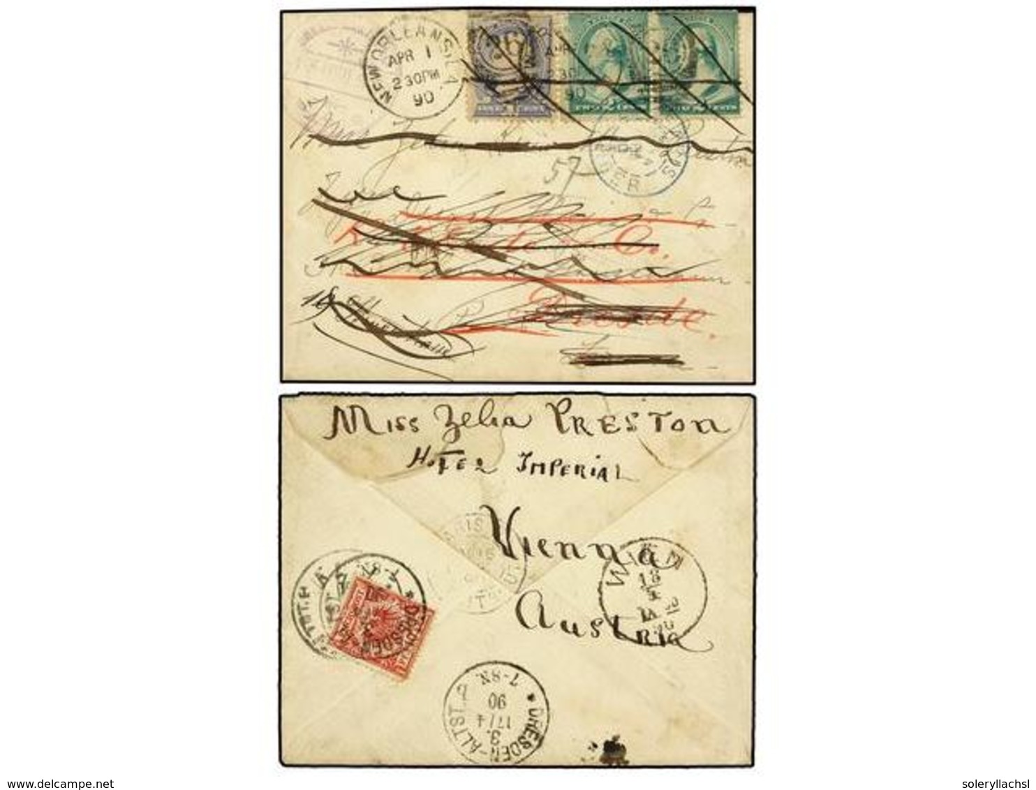 5572 ESTADOS UNIDOS. 1890. NEW ORLEANS To DRESDEN (Germany). <B>1 Cent</B> Blue And <B>2 Cents</B> Green (2), Redirected - Sonstige & Ohne Zuordnung