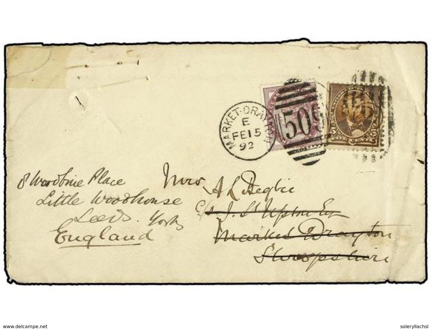 5574 ESTADOS UNIDOS. 1892. U.S.A. To MARKET DRAYTON (Great Britain). <B>5 Cents </B>brown Redirected To LEEDS With Briti - Sonstige & Ohne Zuordnung