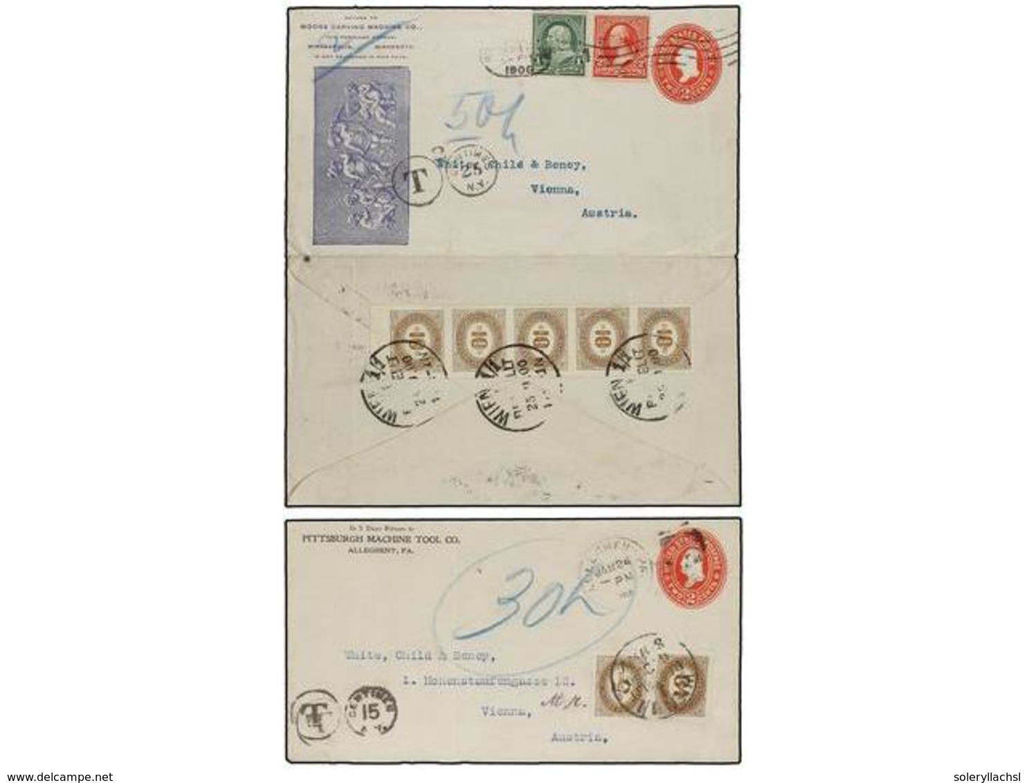 5579 ESTADOS UNIDOS. 1897-1900. 4 US Postal Stationary Envelopes Of <B>2 Cent. </B>and <B>5 Cent.</B> Taxed On Arrival W - Other & Unclassified