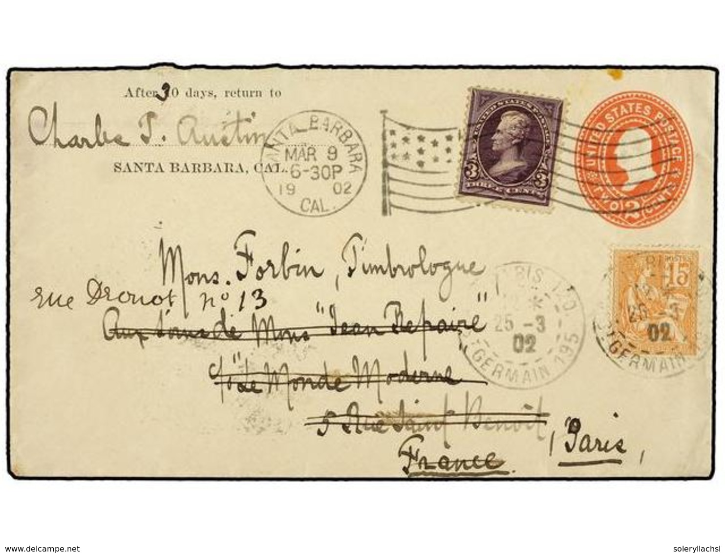 5580 ESTADOS UNIDOS. 1902. SANTA BARBARA To FRANCE.<B> 2 Cents</B> Red Envelope Uprated With <B>3 Cents </B>lilac Stamp, - Other & Unclassified