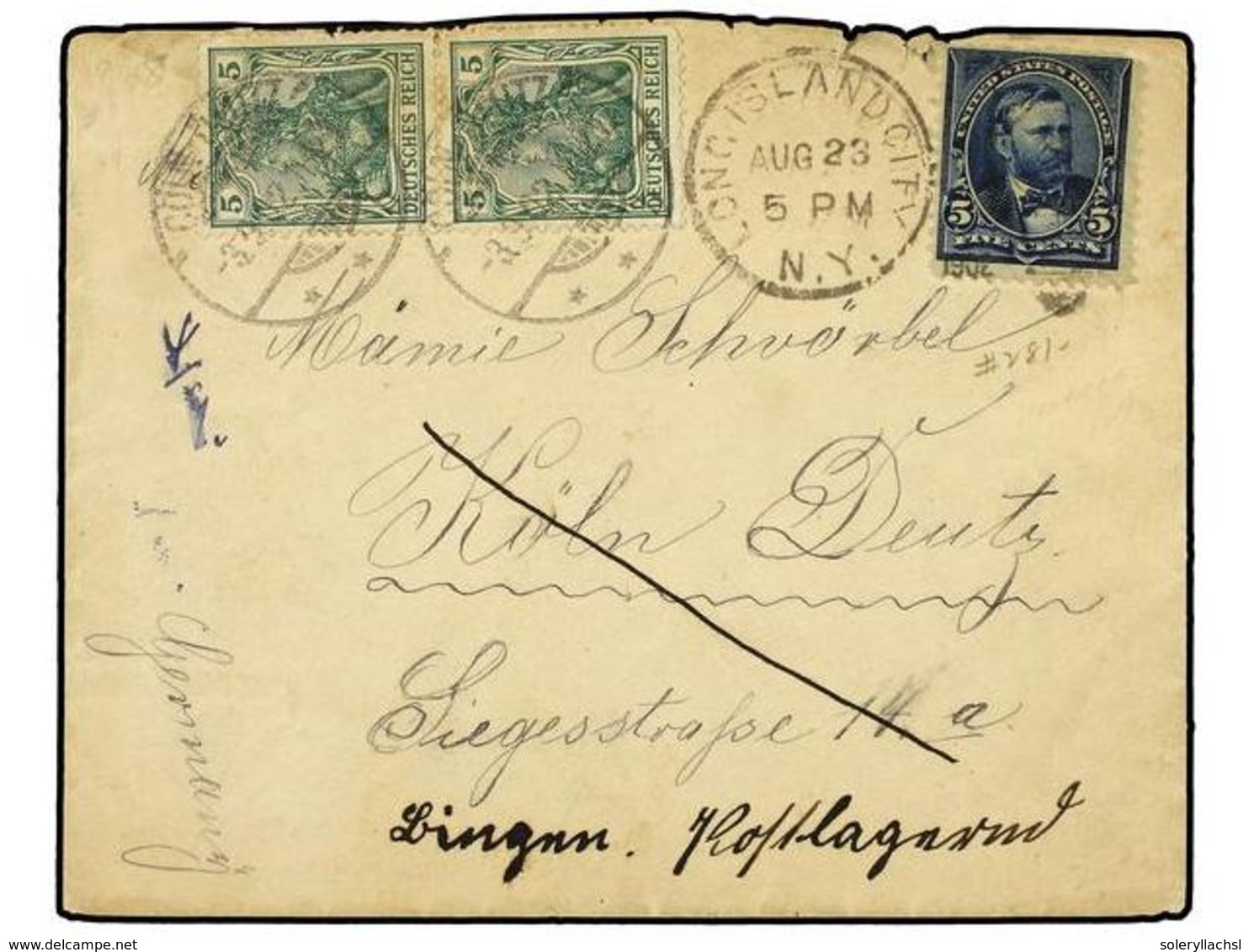 5581 ESTADOS UNIDOS. 1902. LONG ISLAND To KOLN (Germany). <B>5 Cents</B> Blue Redirected To LINGAU With German <B>5 Pf.< - Other & Unclassified