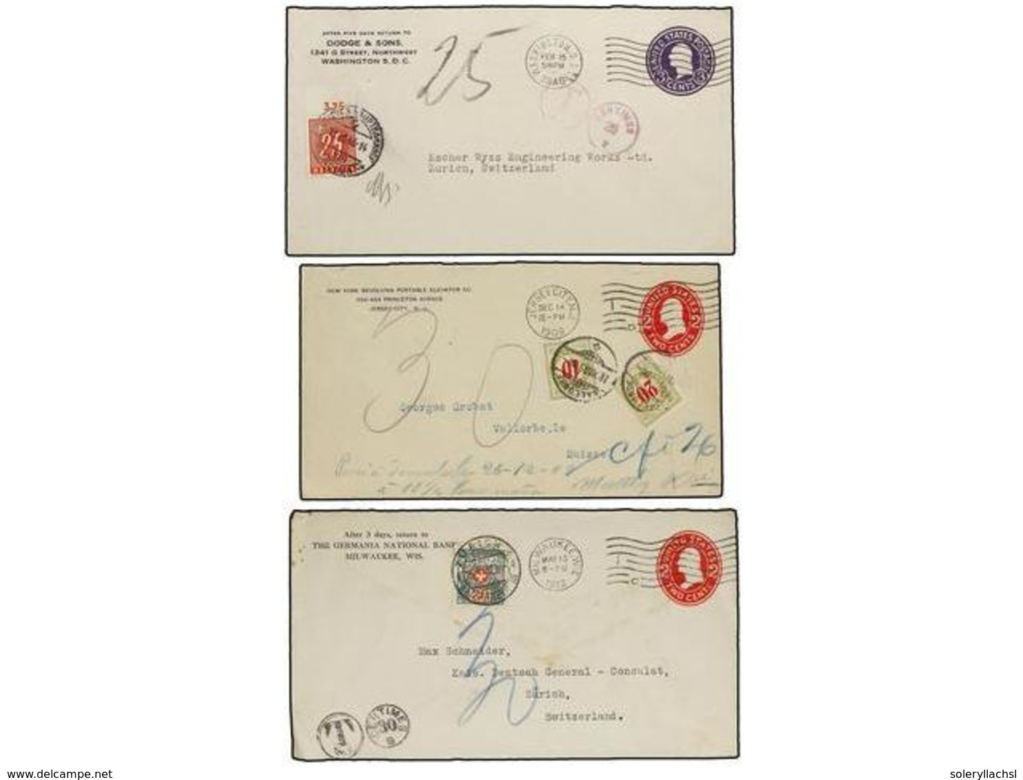 5585 ESTADOS UNIDOS. 1909-46. 3 Covers With Swiss Postage Due Stamps. - Sonstige & Ohne Zuordnung