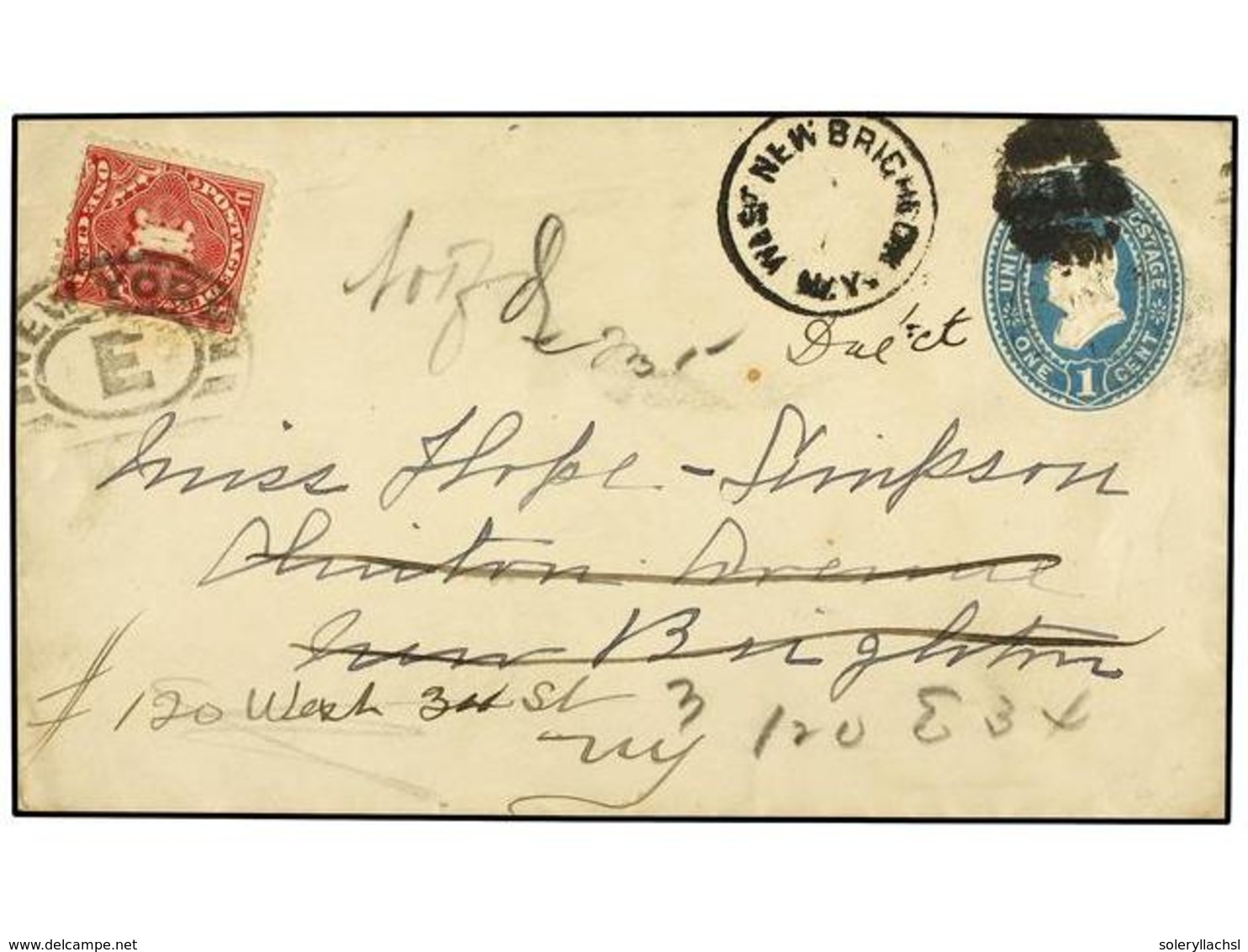 5586 ESTADOS UNIDOS. 1920. NEW BRIGHTON To NEW YORK. <B>1 Cent</B> Blue Envelope Taxed On Arrival With <B>1 Cent</B> Red - Sonstige & Ohne Zuordnung