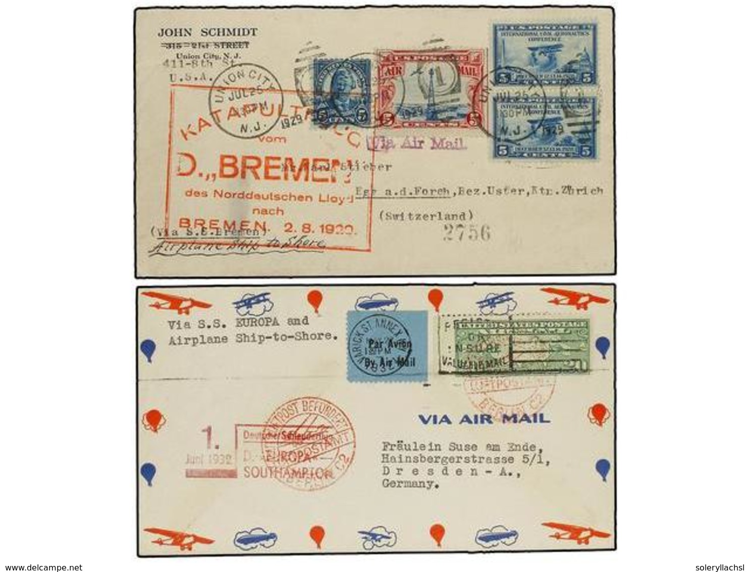 5591 ESTADOS UNIDOS. 1929-1932. Two Air Mal Covers To GERMANY. Catapulted Flight By The Steamer's 'BREMEN'<B> </B>and 'E - Other & Unclassified