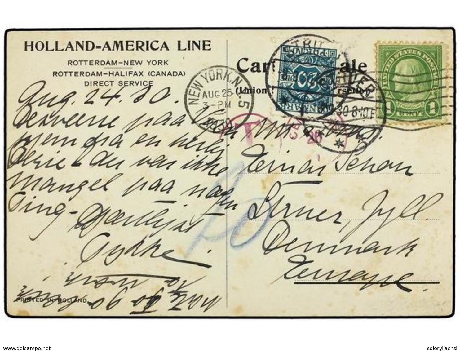 5592 ESTADOS UNIDOS. 1930. NEW YORK To DENMARK. Postcard Franked With <B>1 Cent</B> Green, Taxed On Arrival With Danish  - Sonstige & Ohne Zuordnung