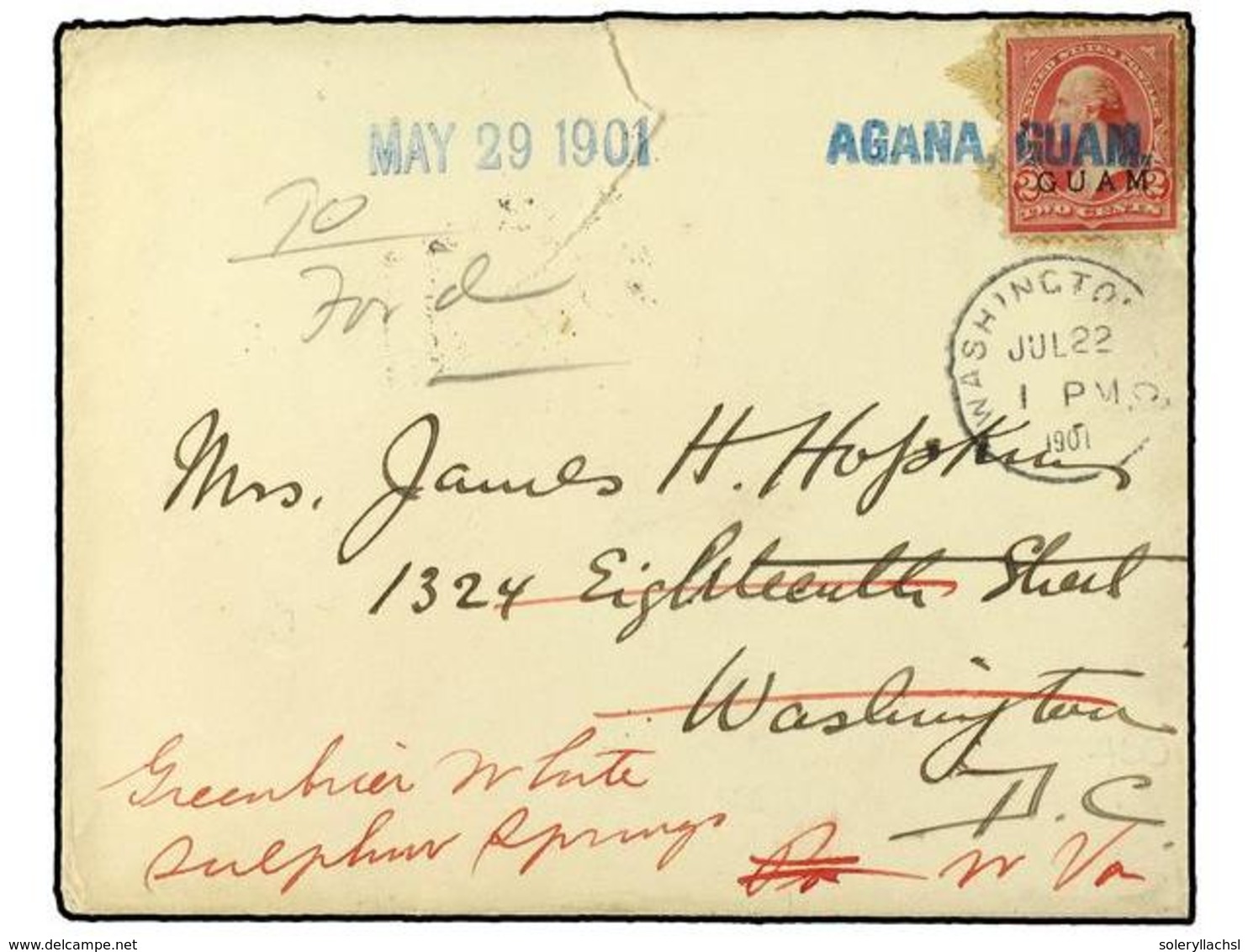 5596 GUAM. 1901. Envelope To Washington, Franked Overprinted <B>2c.</B> Tied By Blue Straight-line <B>'Agana, Guam'.</B> - Other & Unclassified