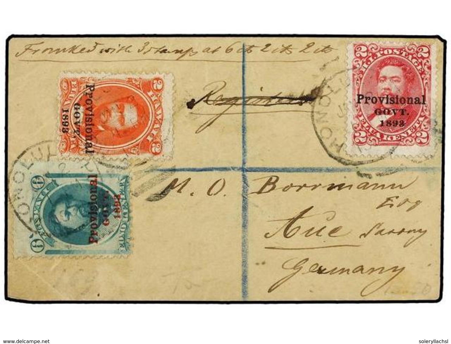 5598 HAWAI. Sc.60+66+67. 1893. Registered / AR Cover To GERMANY Franked By 1893 <B>Provisional Govt. Surcharged 2c.</B>  - Sonstige & Ohne Zuordnung