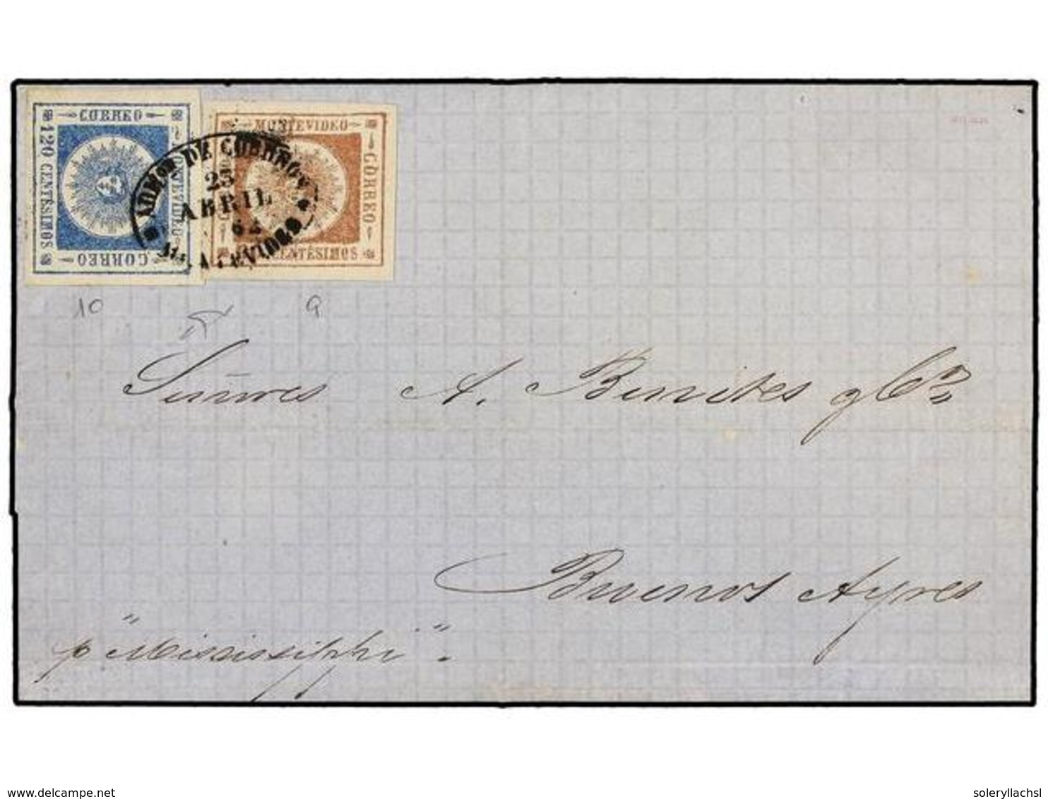 5608 URUGUAY. Sc.13, 16. 1802. MONTEVIDEO A BUENOS AIRES. <B>60 Cts.</B> Castaño Lila Y <B>120 Cts.</B> Azul. Magnífico  - Other & Unclassified