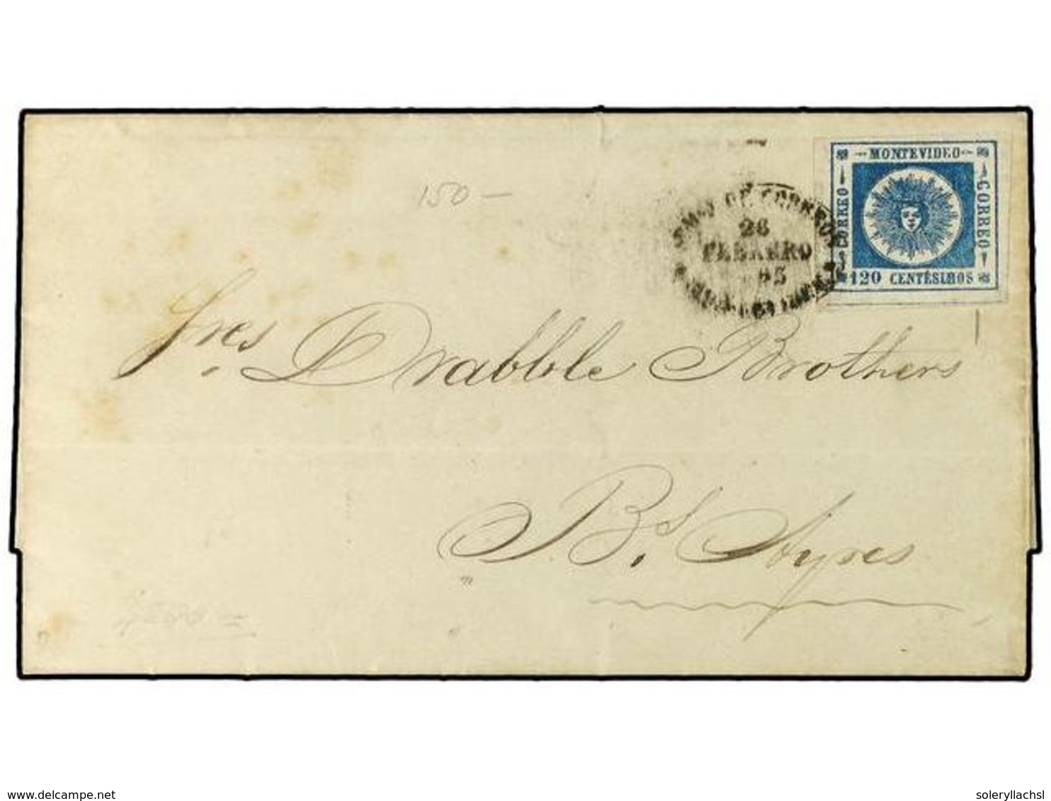 5610 URUGUAY. Sc.16. 1863. MONTEVIDEO A BUENOS AIRES. <B>120 Cts.</B> Azul. MAGNIFICA. - Sonstige & Ohne Zuordnung