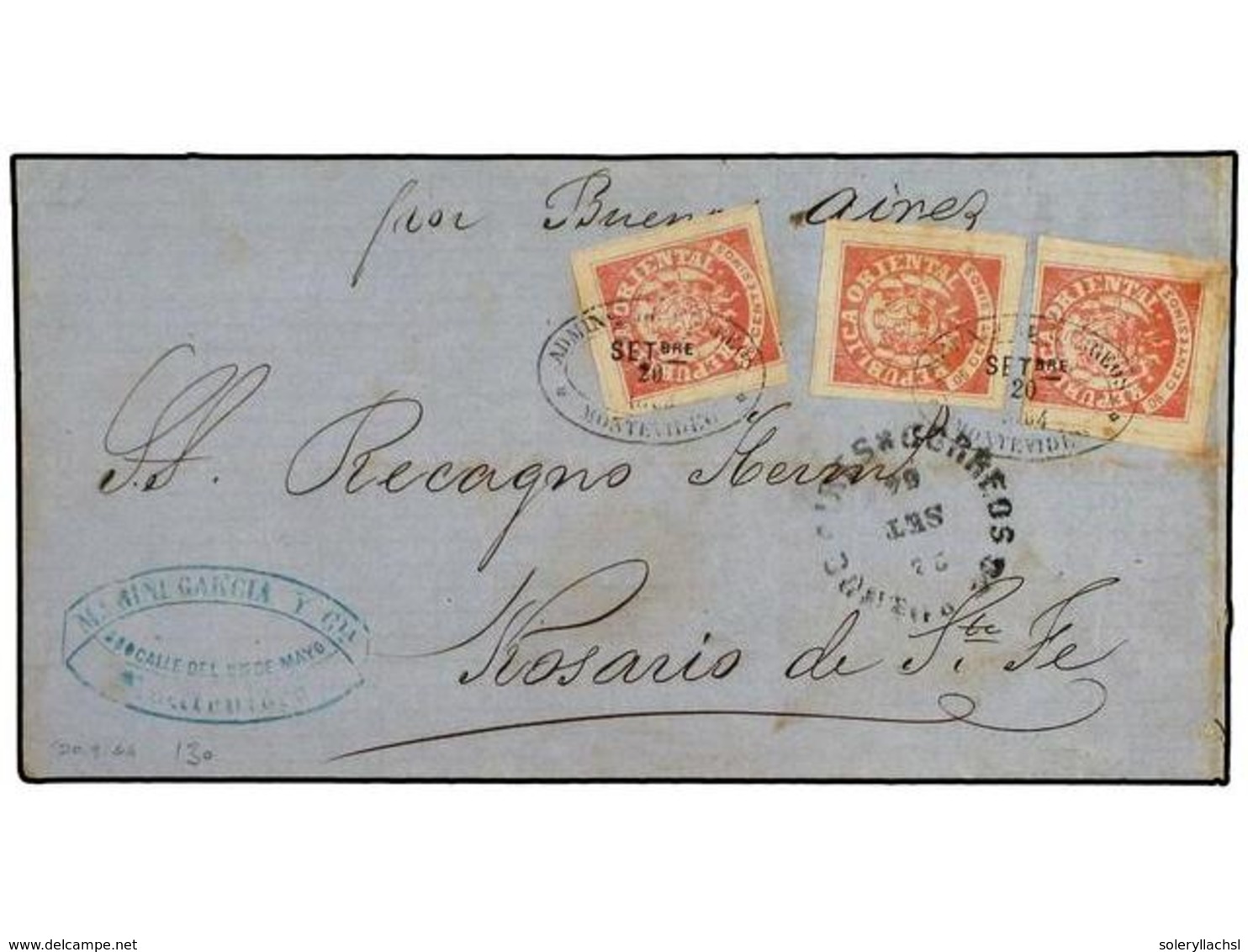 5611 URUGUAY. 1864. MONTEVIDEO A ROSARIO DE STA. FE. <B>6 Cts.</B> Rosa (3). Precioso Y Raro Franqueo. Falta Una De Las  - Sonstige & Ohne Zuordnung