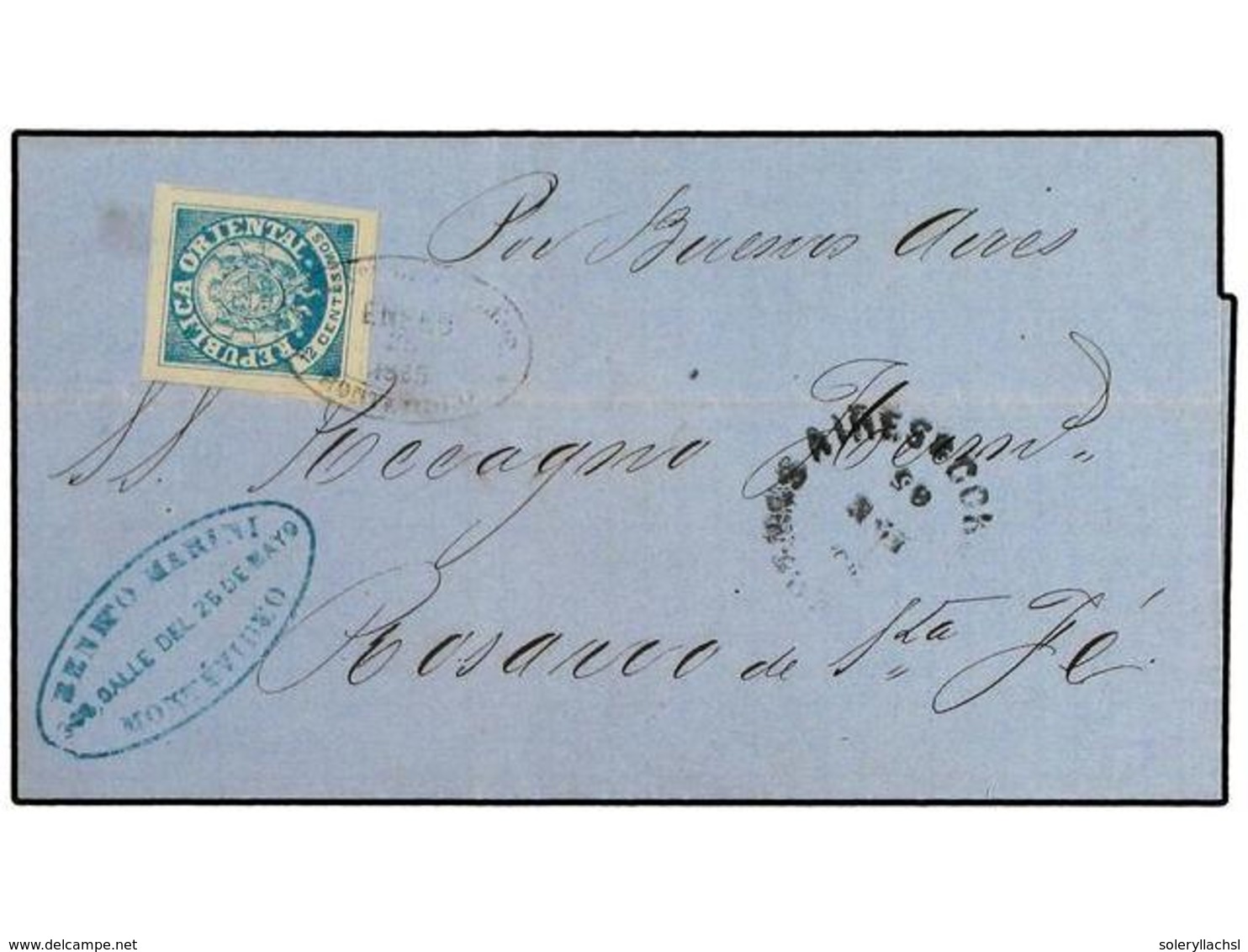 5613 URUGUAY. 1865. Cover To ARGENTINA, With Wide Margined <B>12 C.</B> Blue (Sc 23), Tied By <B>ADMON CORREOS/MONTEVIDE - Sonstige & Ohne Zuordnung