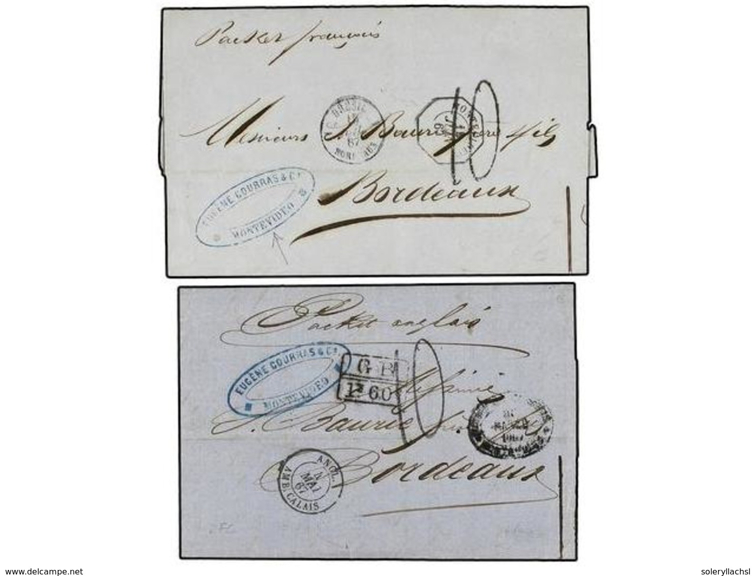 5615 URUGUAY. 1867. DOS Cartas Circuladas De MONTEVIDEO A BORDEAUX, Una Por Correo Francés Y La Otra Por Correo Británic - Sonstige & Ohne Zuordnung