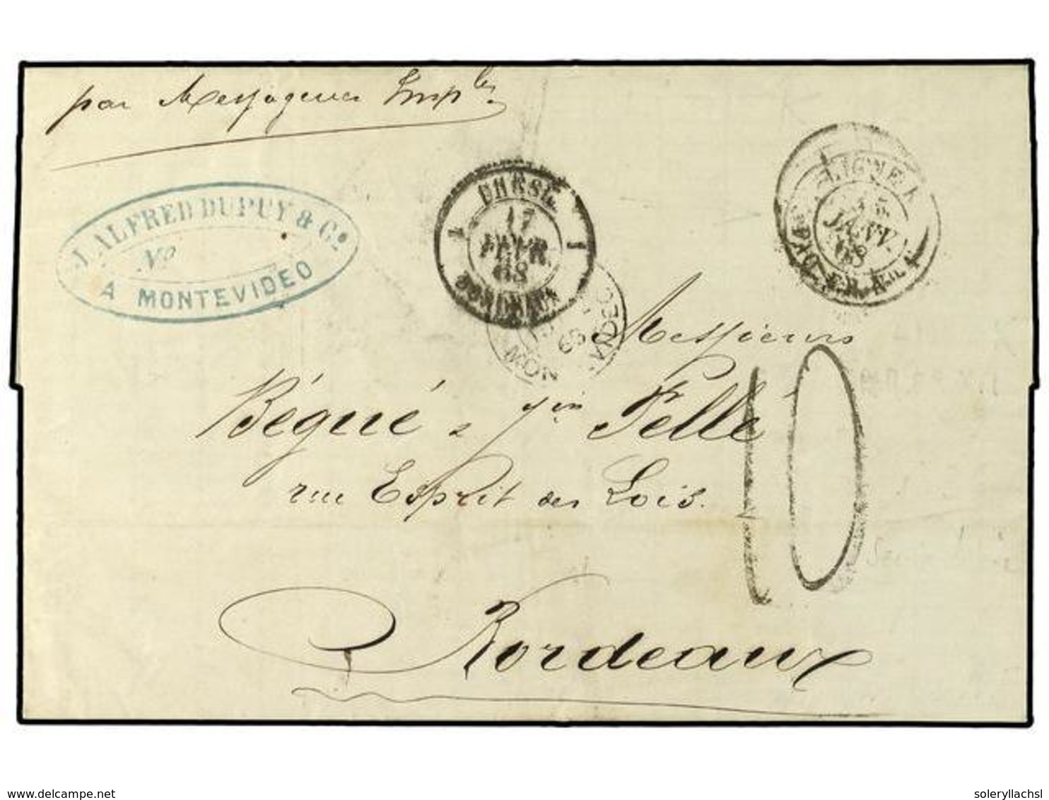 5616 URUGUAY. 1868. MONTEVIDEO A BORDEAUX. Fechador Maritimo <B>LIGNE K / PAQ. FR. Nº 4 </B>(Salles 1036). Extraordinari - Andere & Zonder Classificatie