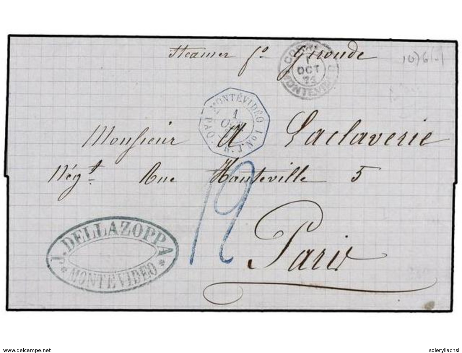 5619 URUGUAY. 1871. MONTEVIDEO A PARIS. Fechador Octogonal Francés <B>MONTEVIDEO/PQA. FR. J Nº 1</B> En Azul. MAGNÍFICO  - Other & Unclassified