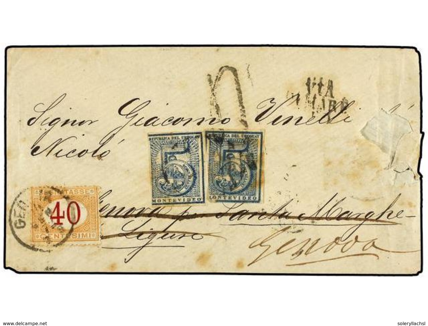 5622 URUGUAY. 1872. URUGUAY A SANTA MARGHERITA (Italia) Y Reexpedida A GÉNOVA. <B>5 Cts. </B>azul (2). Tasada A La Llega - Sonstige & Ohne Zuordnung