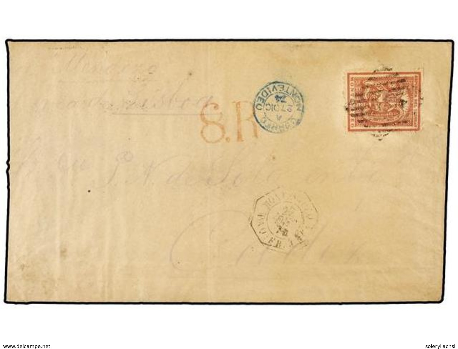 5624 URUGUAY. 1874. MONTEVIDEO A CÁDIZ (España). <B>20 Cts.</B> Rojo Circulada Por El Correo Francés. Fechador <B>MONTEV - Other & Unclassified