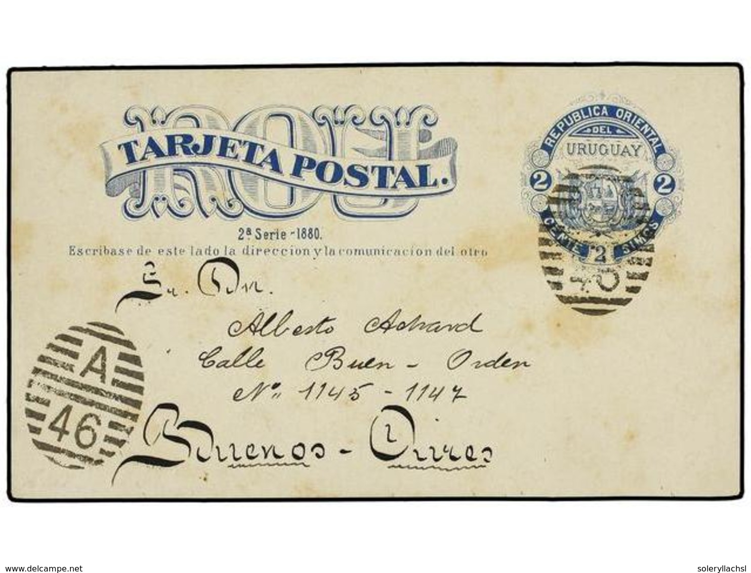 5632 URUGUAY. 1882. MONTEVIDEO A BUENOS AIRES. Entero Postal De <B>2 Ctvos.</B> Azul. - Other & Unclassified