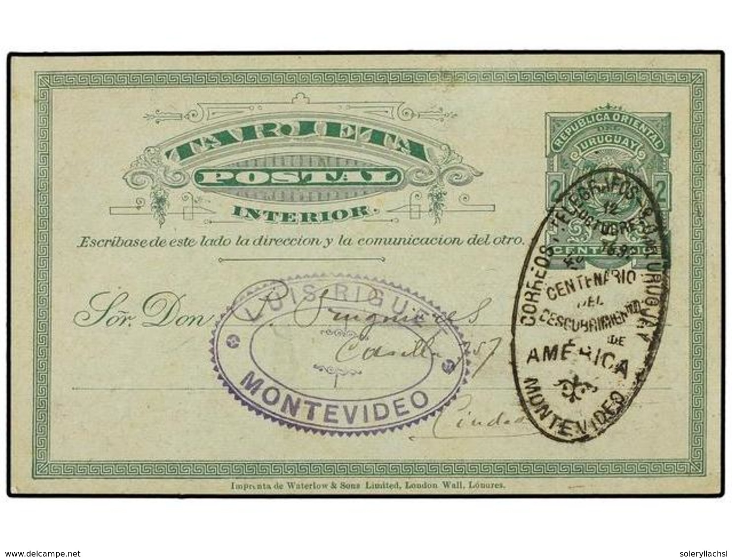 5639 URUGUAY. 1892. MONTEVIDEO. Entero Postal De <B>2 Cts.</B> Verde S. Azul, Mat. Ovalado Del<B> 4º CENT. DEL DESCUBRIM - Other & Unclassified