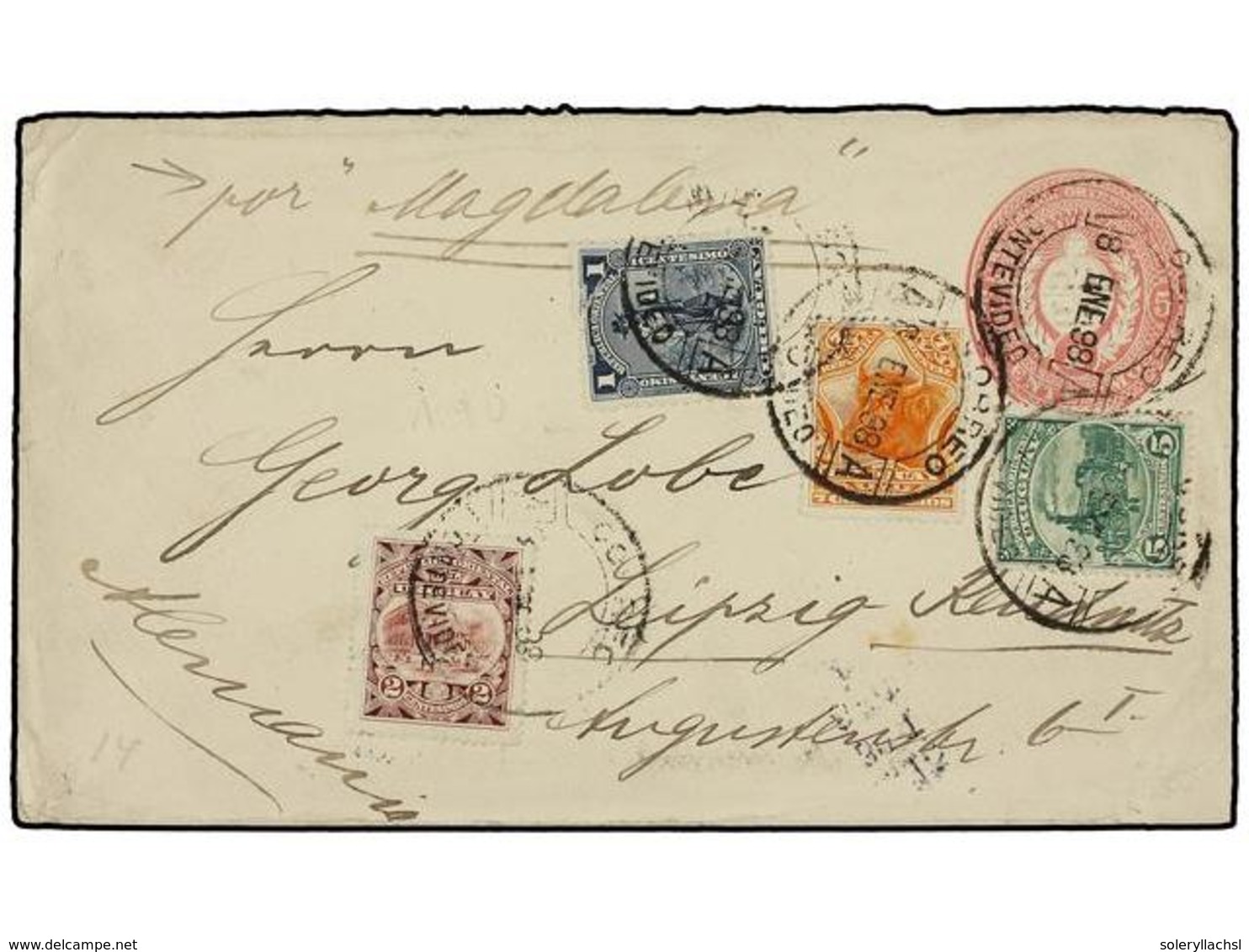 5645 URUGUAY. 1898. <B>5c.</B> Pink Stationery Envelope To LEIPZIG Endorsed 'per Magdalena', Up-rated With 1895-99 <B>1c - Sonstige & Ohne Zuordnung