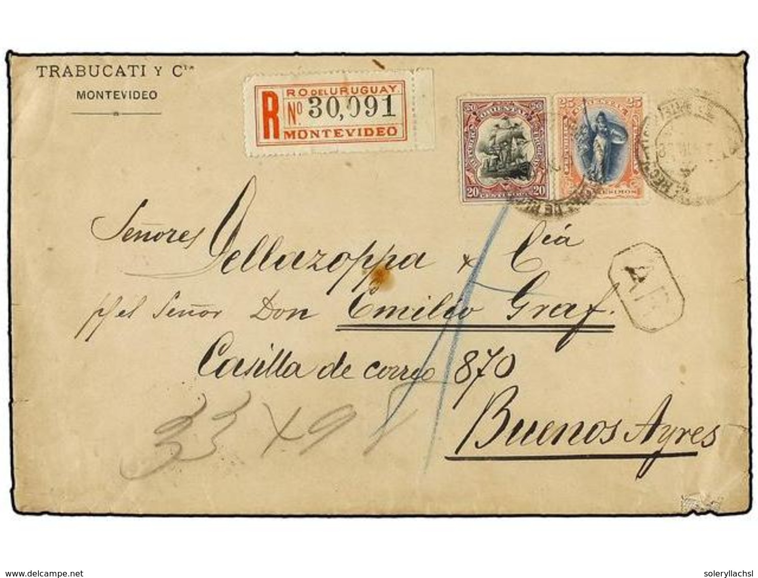 5650 URUGUAY. Sc.119, 121. 1898. MONTEVIDEO A BUENOS AIRES. <B>20 Cts.</B> Y <B>25 Cts.</B> Carta Certificada, Al Dorso  - Other & Unclassified
