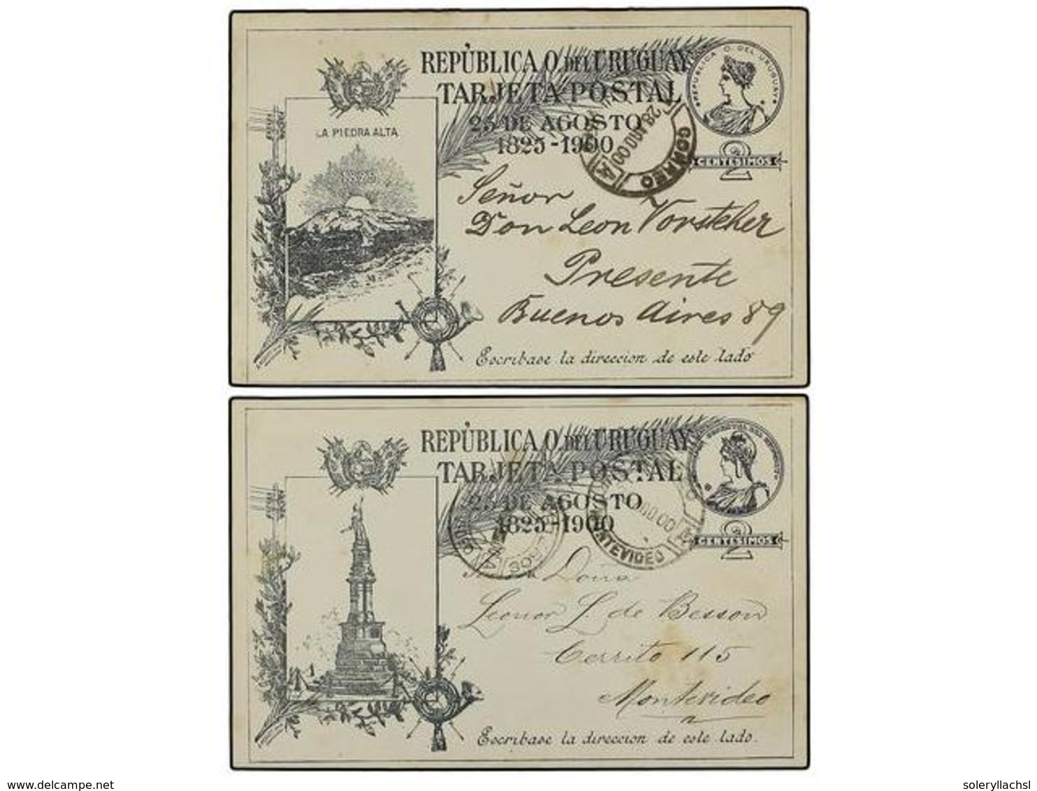 5651 URUGUAY. 1900. Dos Enteros Postales De <B>2 Cts.</B> Negro Circulados En El Interior Y A BUENOS AIRES. - Other & Unclassified