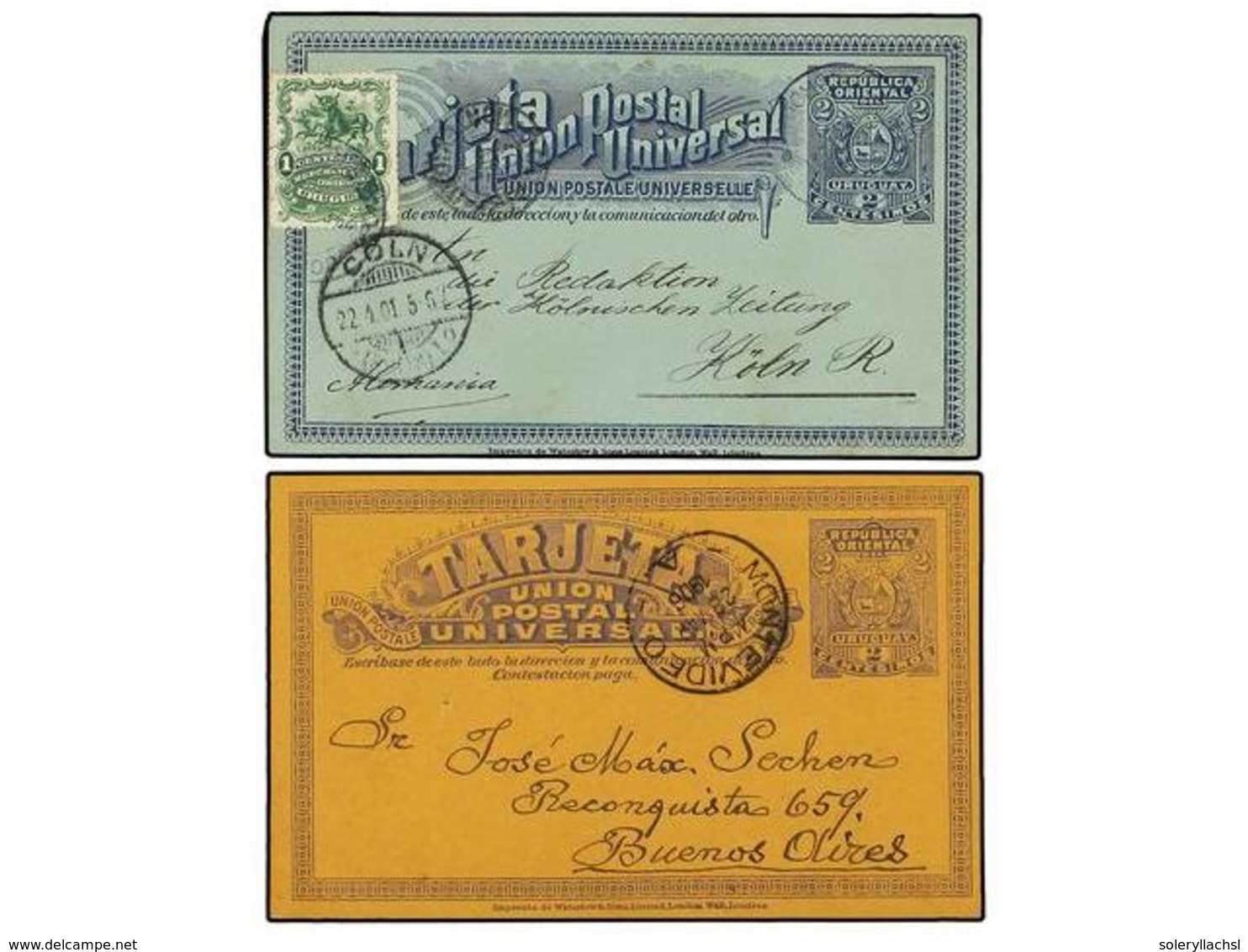 5656 URUGUAY. 1901-1906. Dos Enteros Postales De <B>2 Cts.</B> Gris S. Crema Y <B>2 Cts.</B> Azul S. Azul Con Franqueo A - Other & Unclassified