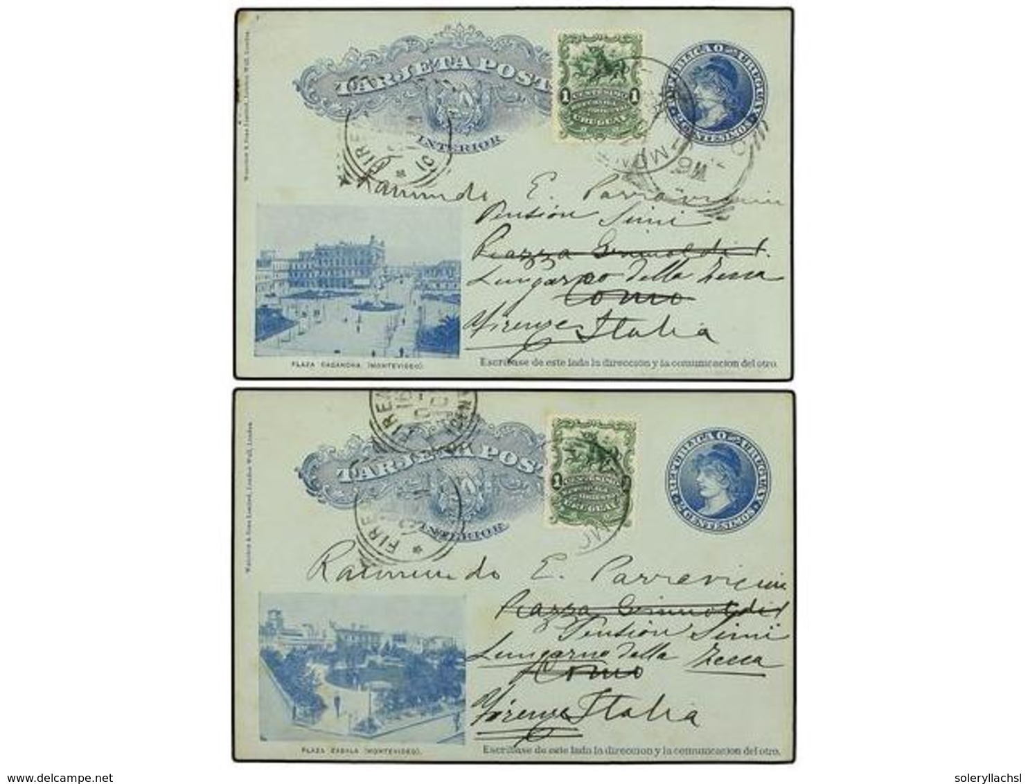 5658 URUGUAY. 1902-1910. Cuatro Enteros Postales De <B>2 Cts.</B> Azul (3) Y Rojo Con Diversas Vistas Circuladas A ITALI - Sonstige & Ohne Zuordnung