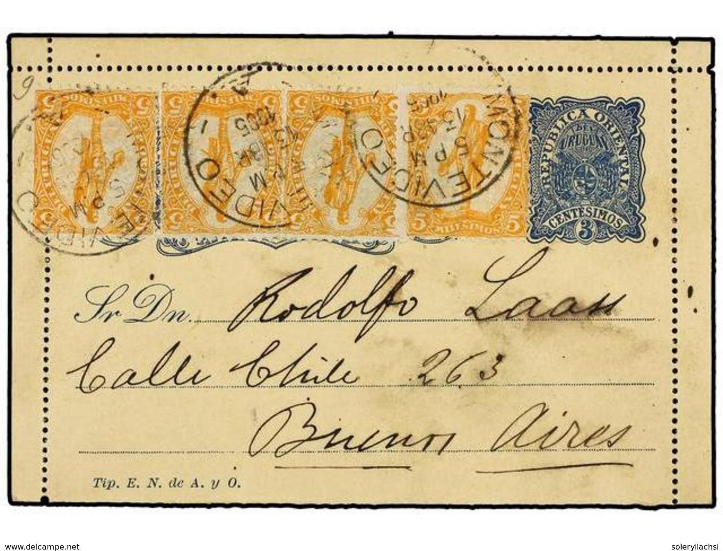 5663 URUGUAY. 1905. MONTEVIDEO A BUENOS AIRES. Entero Postal De <B>3 Cts.</B> Azul Con Franqueo Adicional De <B>5 Mils.< - Sonstige & Ohne Zuordnung