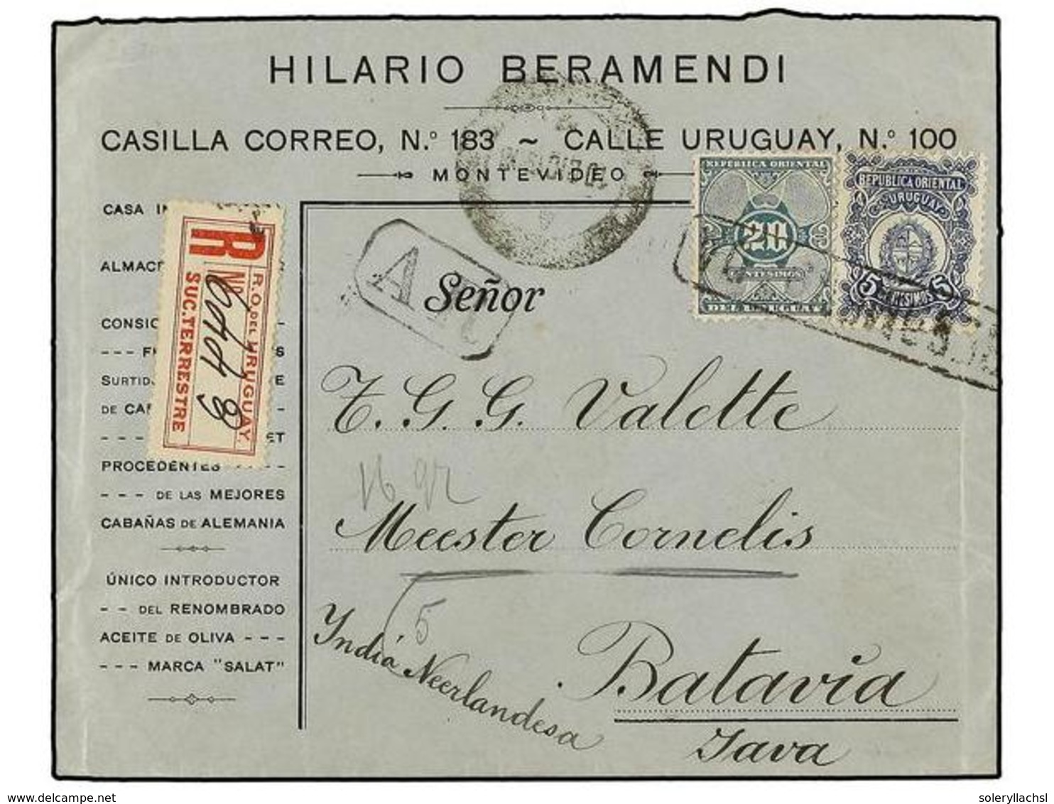 5664 URUGUAY. 1907. MONTEVIDEO A BATAVIA (Indias Holandesas). <B>5 Cts. </B>azul Y <B>20 Cts. </B>verde Carta Certificad - Other & Unclassified