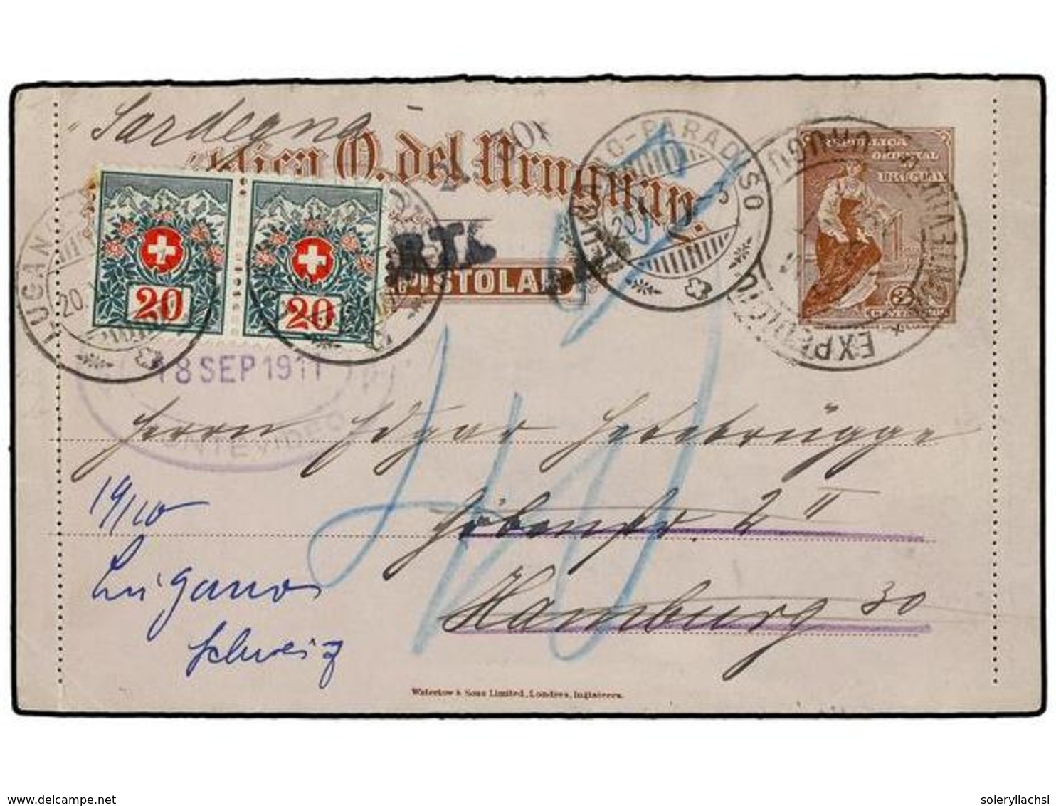 5668 URUGUAY. 1911. MONTEVIDEO A ALEMANIA. Entero Postal De <B>3 Cts.</B> Castaño Reexpedido A LUGANO (Suiza) Tasado A L - Sonstige & Ohne Zuordnung