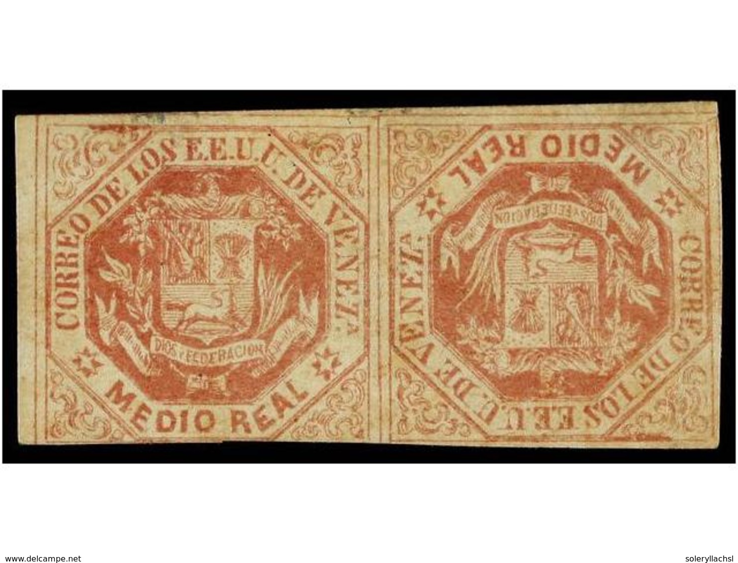 5676 (*) VENEZUELA. Sc.19a. <B>1/2 Real</B> Rosa. Pareja<B> TETE-BECHE</B>, Sin Goma, Leve Doblez Vertical. - Autres & Non Classés