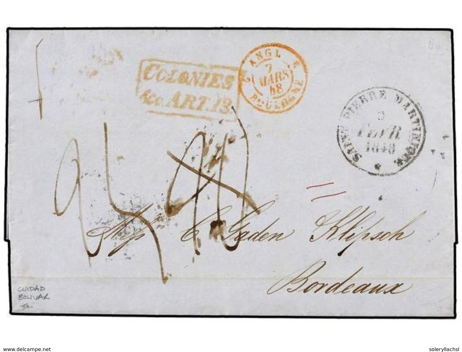 5678 VENEZUELA. 1848 (Jan 24). Entire Letter Datelined CIUDAD BOLIVAR, Mailed To BORDEAUX And Struck In Transit With <B> - Other & Unclassified