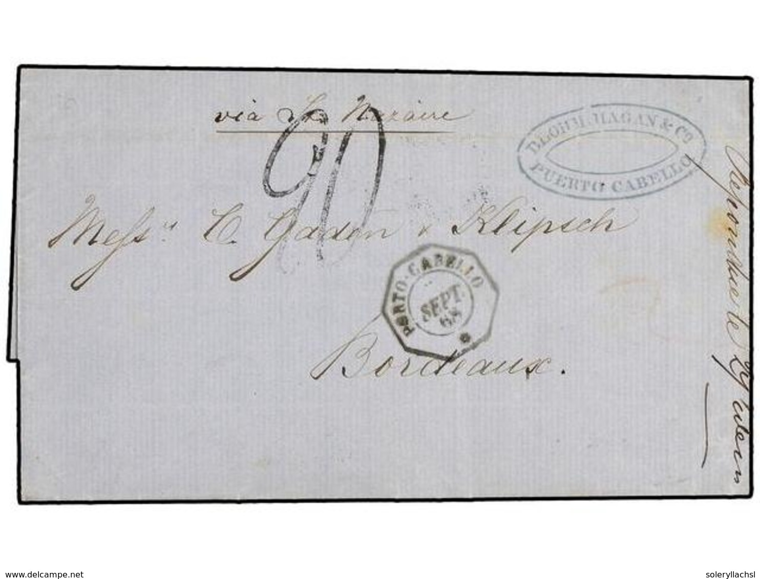 5686 VENEZUELA. 1868. PUERTO CABELLO A FRANCIA. Fechador Octogonal Marítimo Francés<B> PORTO-CABELLO/*.</B> PRECIOSA. - Other & Unclassified