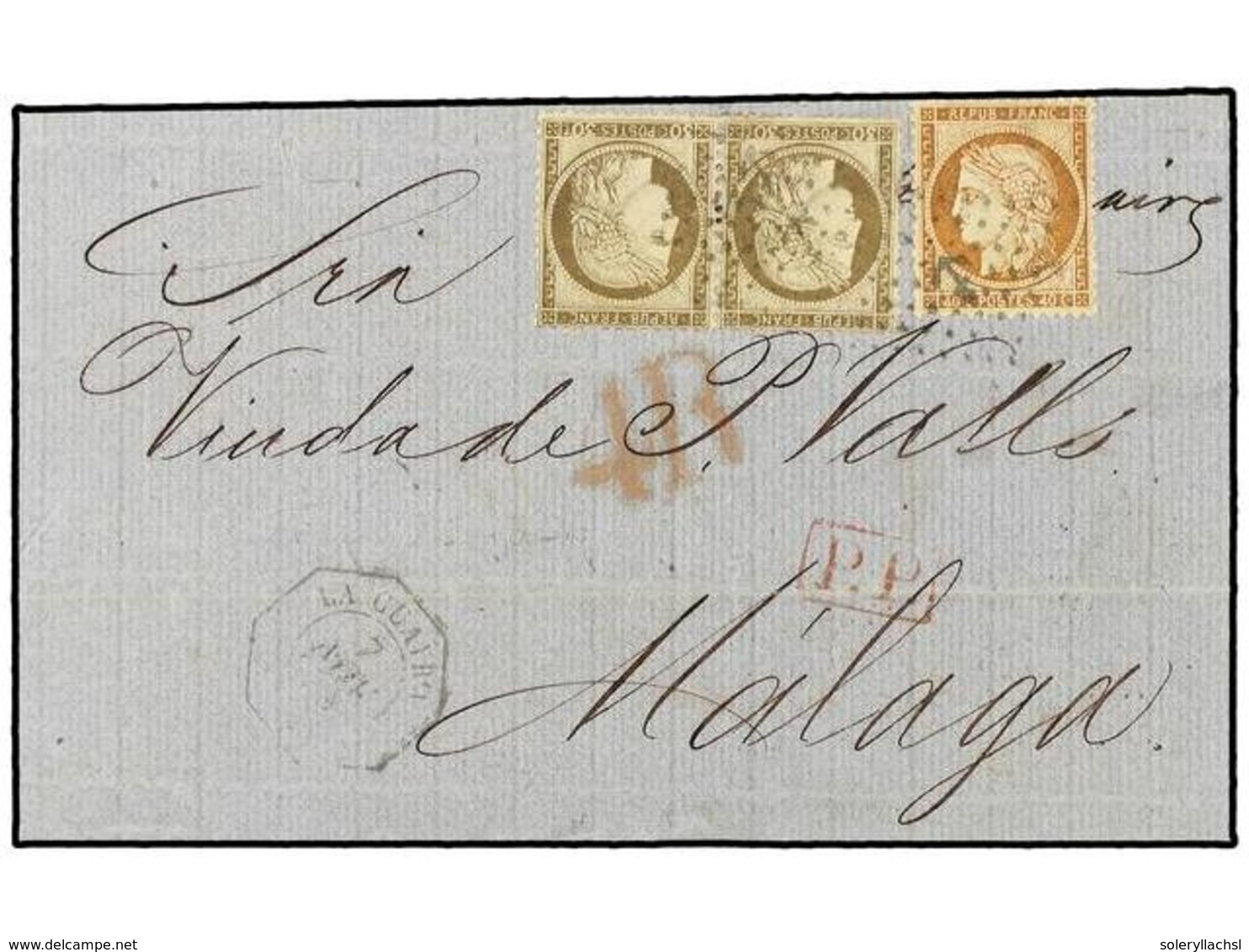 5690 VENEZUELA. 1875 (Nov 7). Entire Letter From CARACAS To MALAGA Franked By France Siège <B>40c.</B> Orange And Large  - Sonstige & Ohne Zuordnung