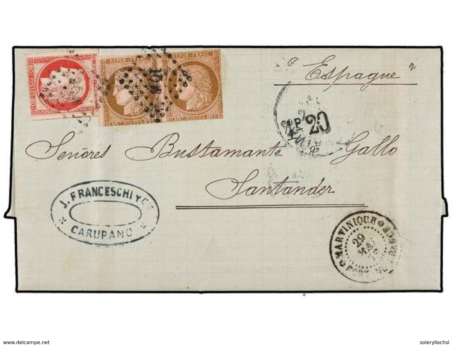 5691 VENEZUELA. 1876 (19 Marzo). CARUPANO (Venezuela) A SANTANDER (España). Carta Franqueada Con Sellos De COLONIAS FRAN - Autres & Non Classés