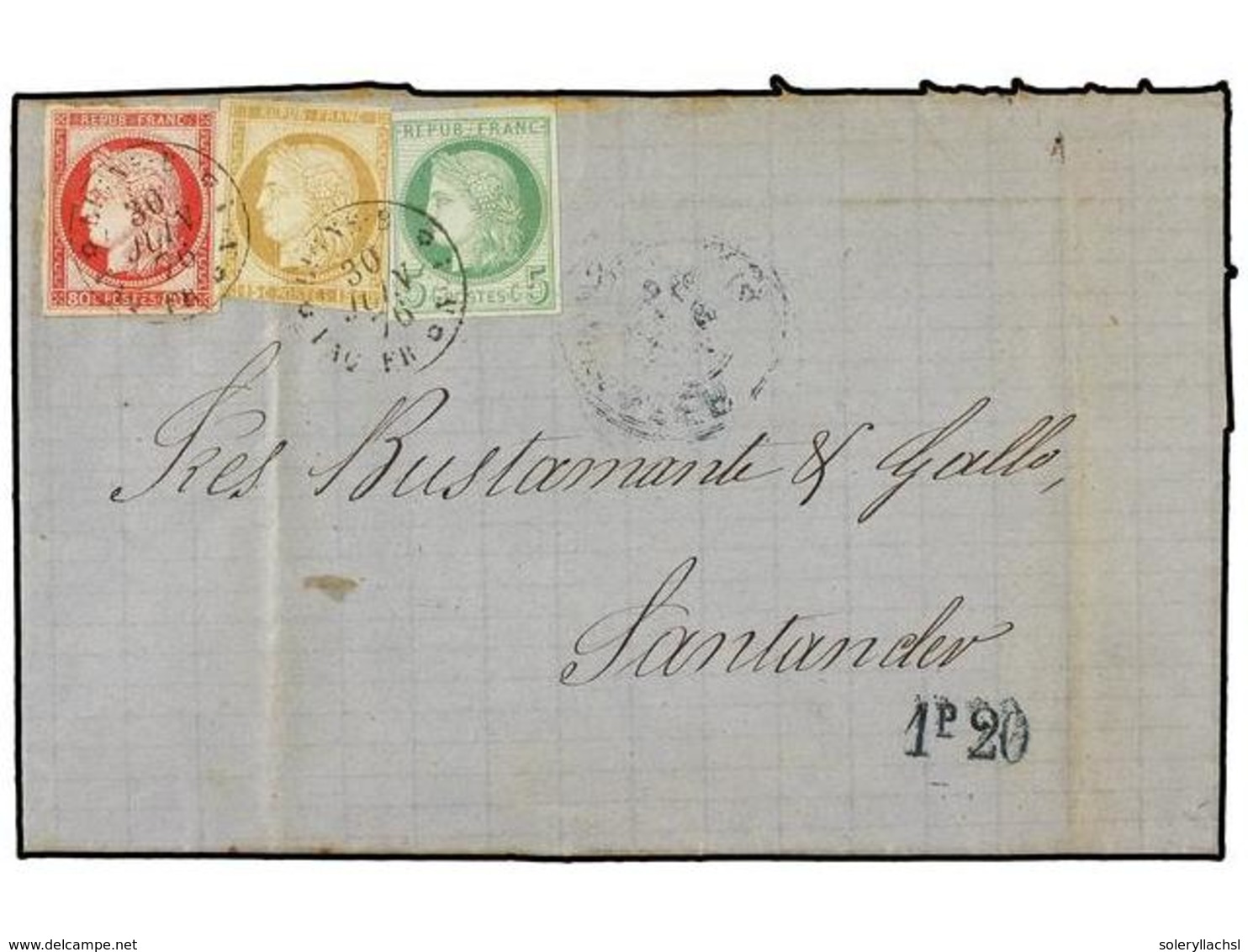 5692 VENEZUELA. 1876 (30 Junio). CARUPANO (Venezuela) A SANTANDER (España). Circulada Con Sellos De COLONIAS FRANCESAS D - Andere & Zonder Classificatie